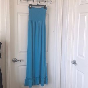 Strapless cozy long teal cotton dress